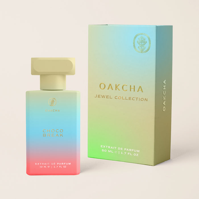 Front view of Choco Break perfume bottle and matching box showcasing green-to-pink gradient glass and gold cap on a light beige background