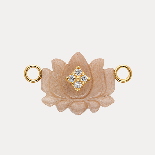 Chocolate Moonstone Lotus Charm featuring a delicate lotus design and sparkling white crystals.