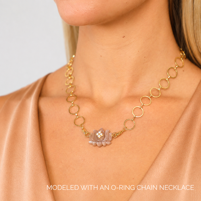 Chocolate Moonstone Lotus Charm elegantly displayed on an O-ring chain necklace, showcasing its delicate beauty.