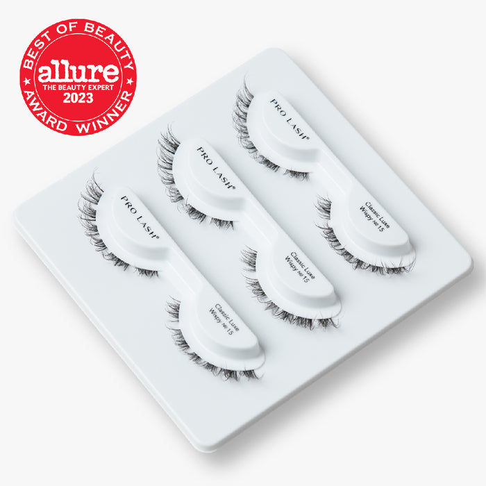 Wispy eyelashes in Classic Luxe Wispy No.15 style, displayed in a four-piece Pro Lash tray with Allure award badge.