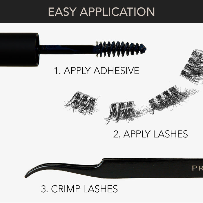Wispy natural eyelash extensions application steps showing adhesive, lash segments, and crimp tool for easy at-home use