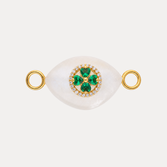 Clear Quartz Clover Charm featuring a frosted white agate with emerald-green crystal clover and pavé stones.