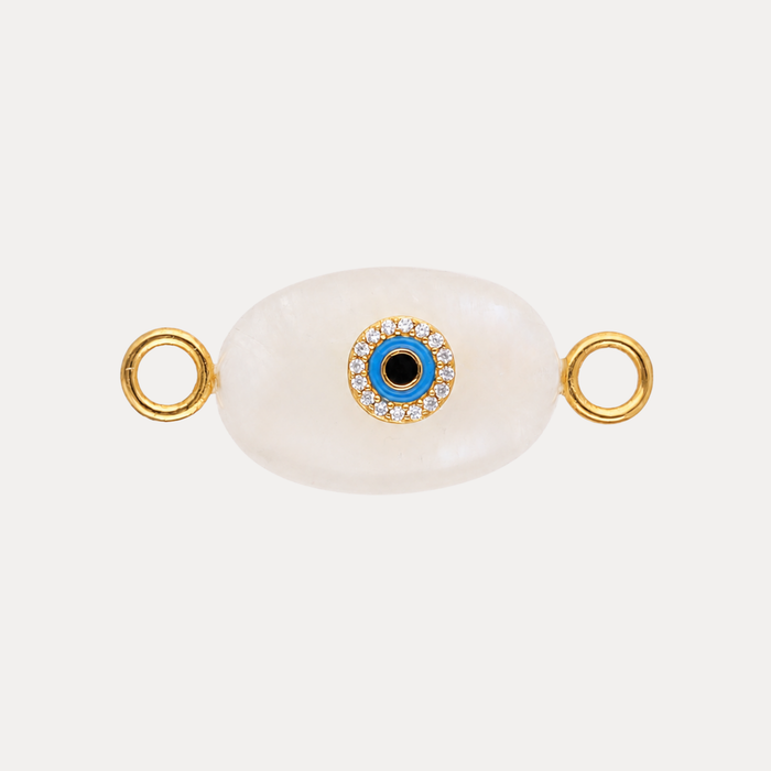 Clear Quartz Eye Charm featuring a milky white agate design with a blue evil eye medallion and clear crystal accents.