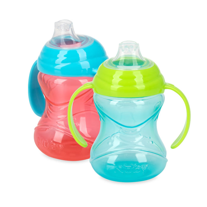 The Nuby Clik-It Soft Spout Grip N' Sip Trainer Cup (2 Pack) in Blue/Green offers leak-proof, ergonomic cups with handles and clear silicone spouts, making them ideal for toddlers transitioning to sippy cups.
