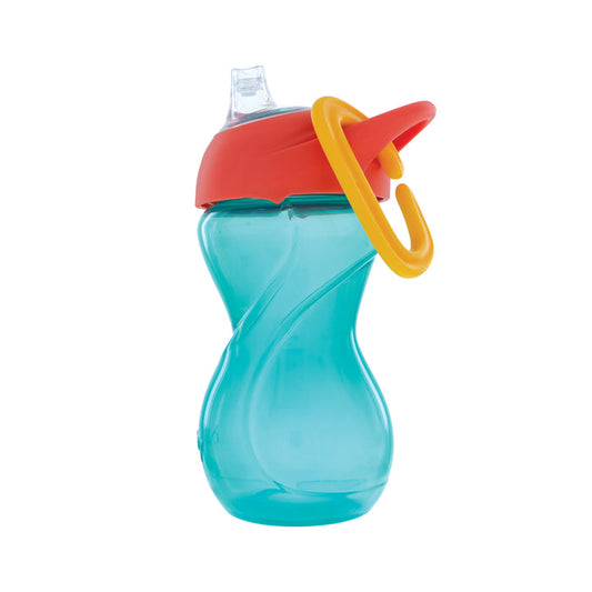 The Clik-it Travel Sippy Cup with Carabiner is a blue plastic sippy cup featuring a curved shape, red lid, clear spout, and large yellow handle attached to the top, displayed against a white background.