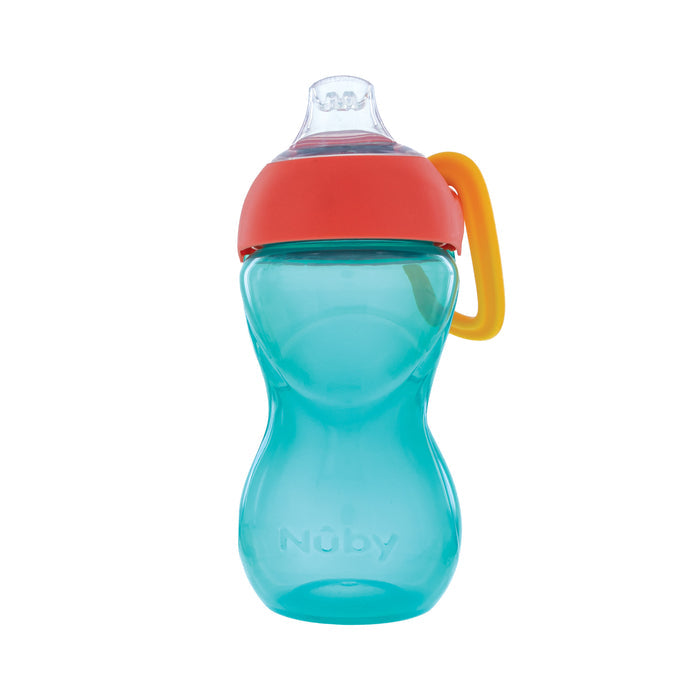 A turquoise Clik-it Travel Sippy Cup with Carabiner by Nuby, featuring a red lid, clear soft spout, and yellow carrying handle, designed for toddlers.