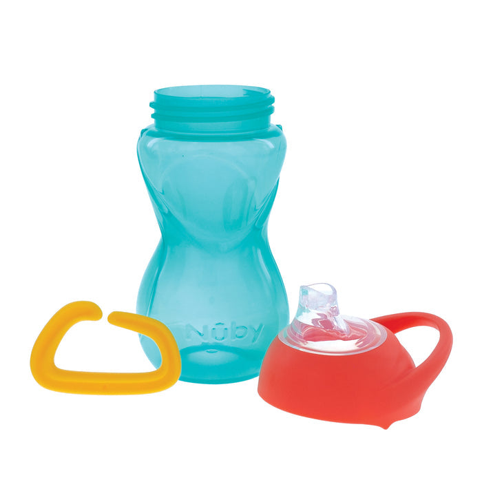 A Clik-it Travel Sippy Cup with Carabiner is shown disassembled on a white background, featuring a blue cup embossed with Nuby, a yellow handle, and a red leak-resistant lid with a clear spout.
