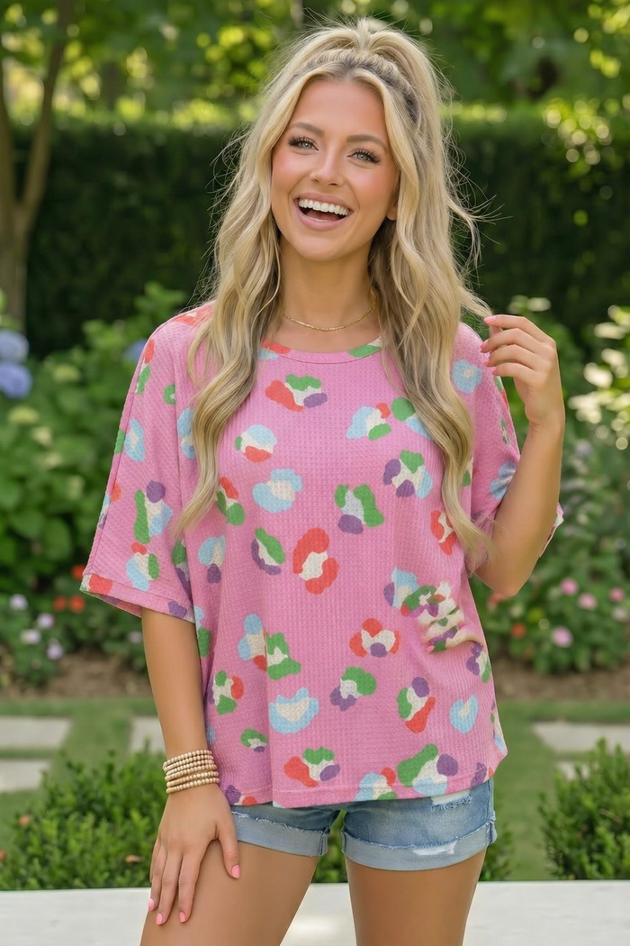 Colorful Leopard Print Waffle Top in Pink