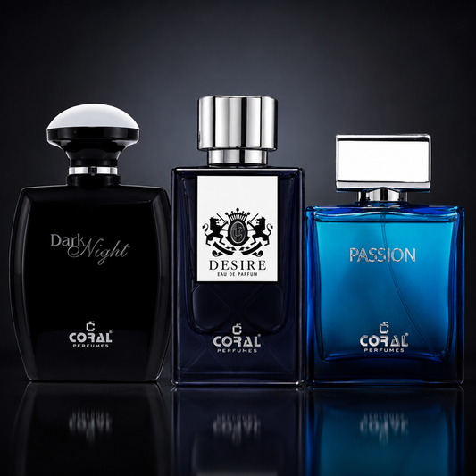 Coral Men's Essentials Collection | Passion 100ml + Dark Night 100ml + Desire 85ml | 3 Eau de Parfum Combo for Men