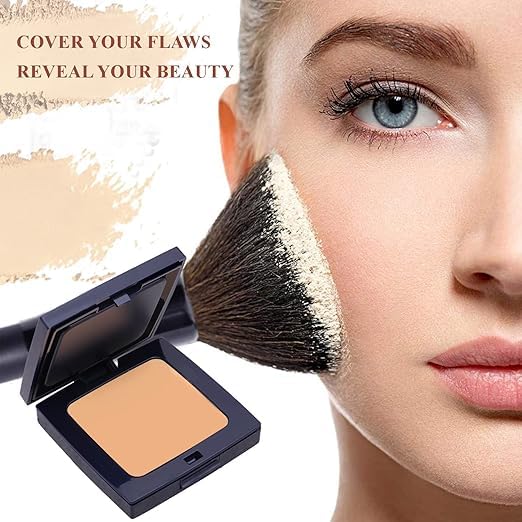 Makeup brush applying powder to a face with text 'Cover Your Flaws, Reveal Your Beauty' on a beige background.