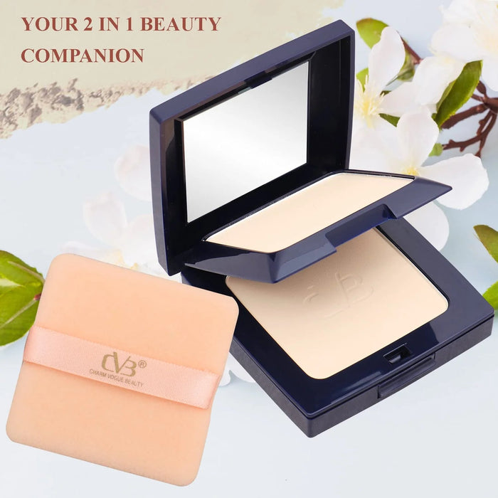 Compact powder with mirror and blush in a case on a light background
