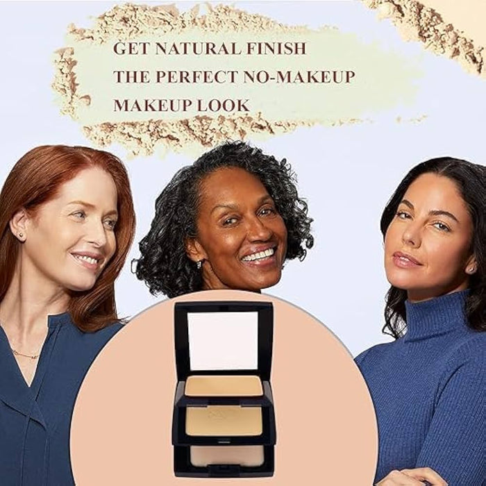 Three women with a makeup palette promoting a natural finish for a no-makeup look.