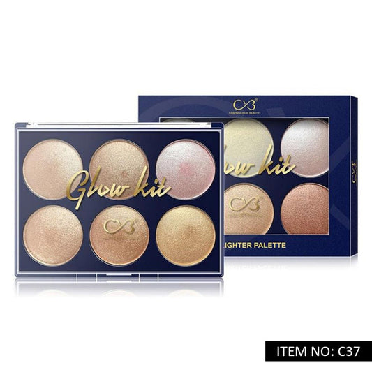 Makeup palette with 'Glow kit' text and gold accents on a white background
