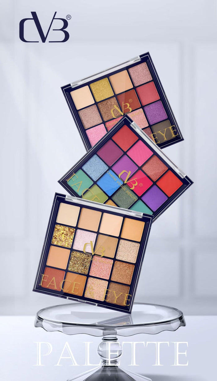 Makeup palettes with colorful shades on a clear stand against a light gray background