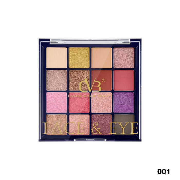 Makeup palette with various colors on a white background