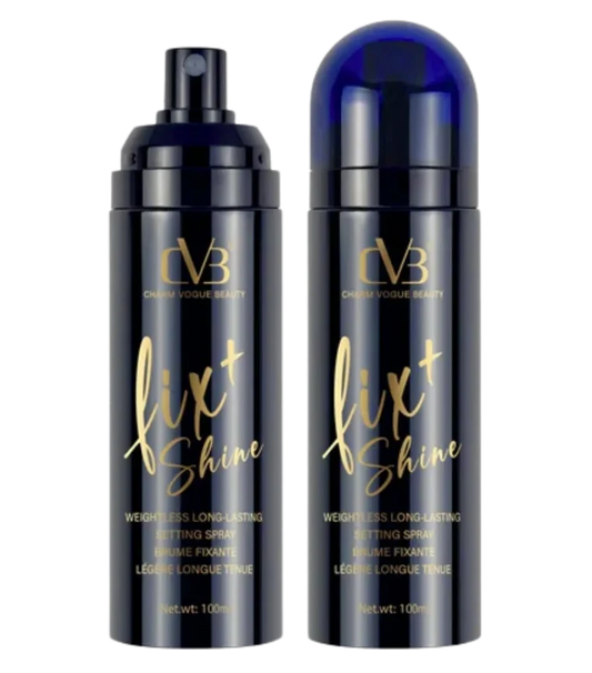 Two bottles of CVB Fix + Shine hair spray on a white background