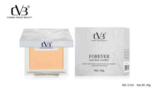Charm Vogue Beauty powder compact and packaging on a white background