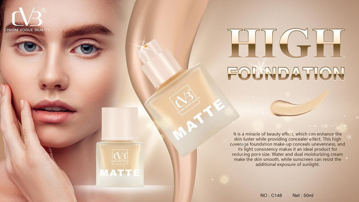 Advertisement for high foundation with a woman holding a bottle and applying it to her face.