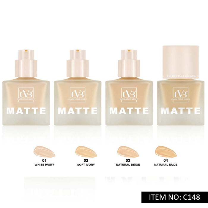 Four bottles of TV3 Matte foundation with color swatches below on a white background