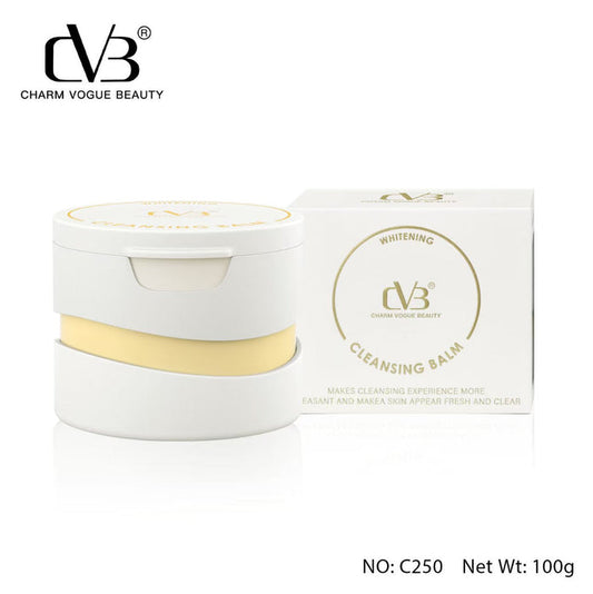Cleansing balm with packaging and Charm Vogue Beauty logo on a white background