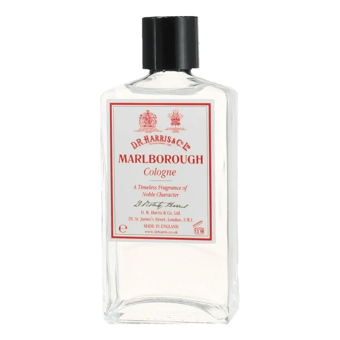 D.R. Harris Marlborough cologne i glassflaske med hvit etikett og svart kork