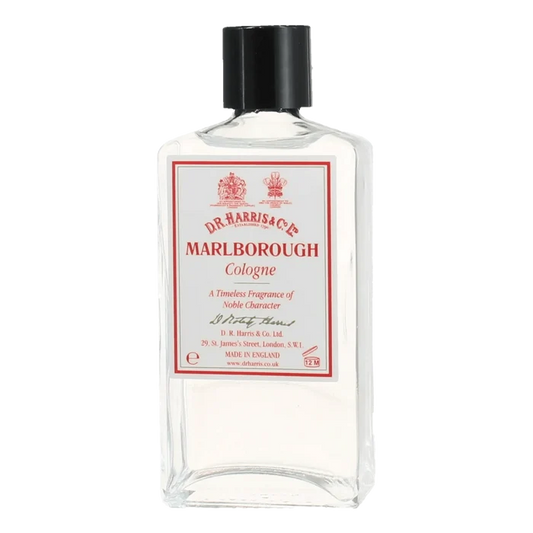 D.R. Harris Marlborough cologne i glassflaske med hvit etikett og svart kork