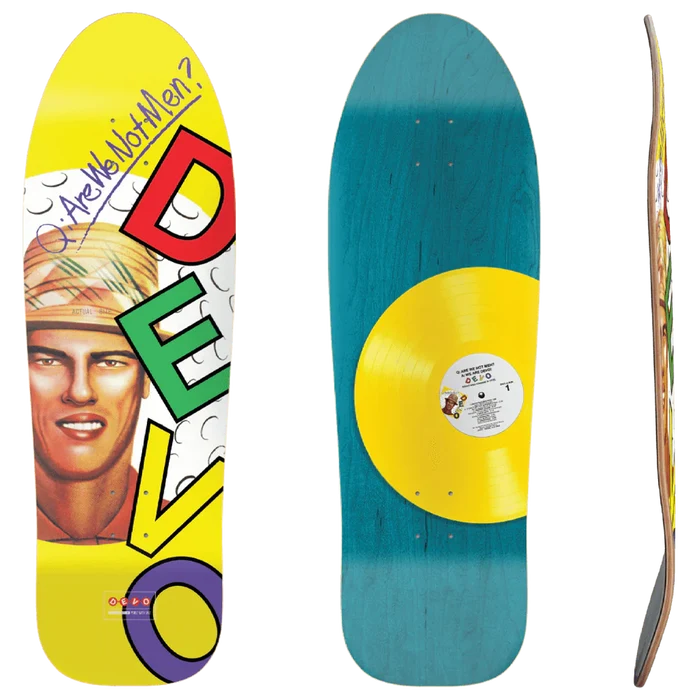 DEVO Are We Not Men 9.75 inch skateboard deck with yellow album artwork and yellow vinyl record top graphic offered by Eastern Skateboard Supply