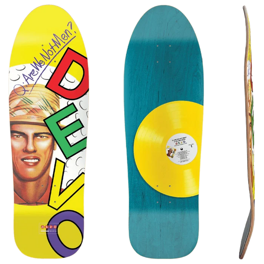 DEVO Are We Not Men 9.75 inch skateboard deck with yellow album artwork and yellow vinyl record top graphic offered by Eastern Skateboard Supply