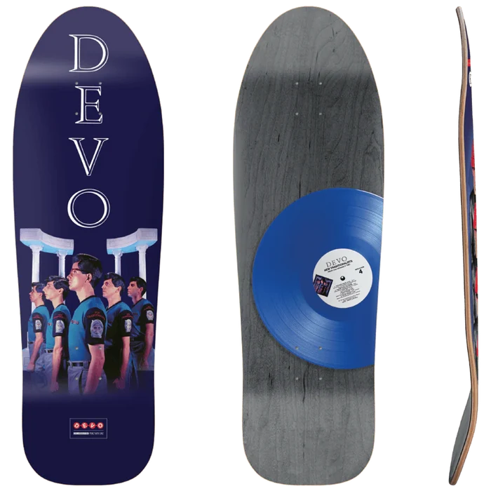 DEVO Oh No It’s Devo 9.75 skateboard deck featuring band photo artwork and blue vinyl record graphic offered by Eastern Skateboard Supply