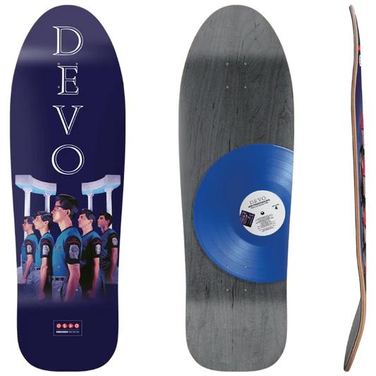 DEVO Oh No It’s Devo 9.75 skateboard deck featuring band photo artwork and blue vinyl record graphic offered by Eastern Skateboard Supply
