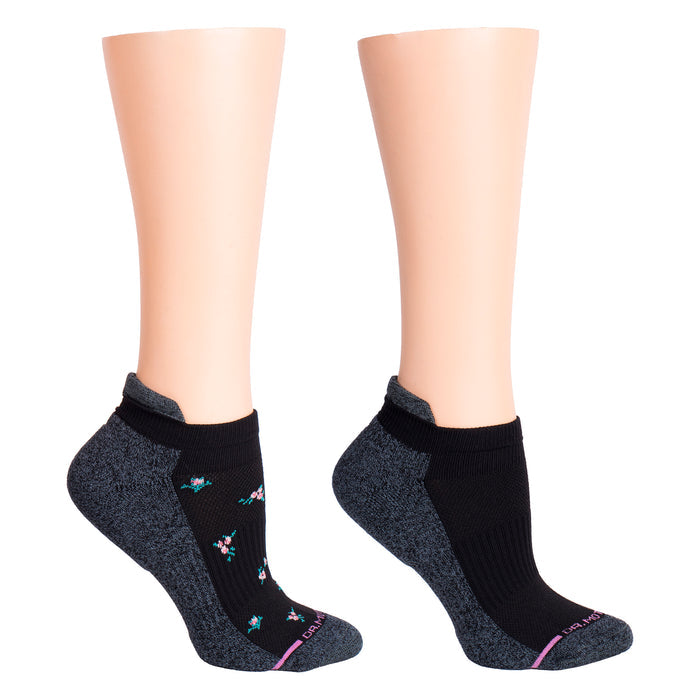 Ankle compression socks featuring a black design with a floral pattern and contrasting gray sides.