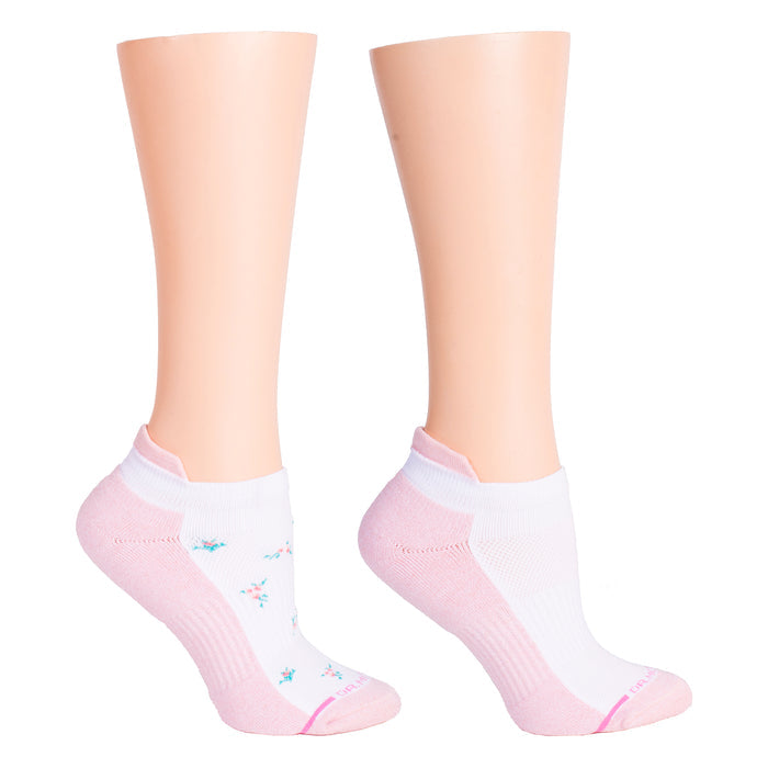 Ankle compression socks in pink with a floral pattern and white accents, displayed on mannequin legs.