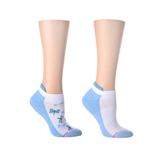 Ankle compression socks in blue and white with dragonfly designs, displayed on mannequin legs.