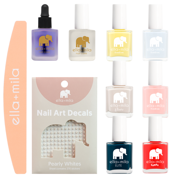 Ella's Essentials contents: 8 nail polishes, cuticle oil, nail decals, nail file and dotter tool
