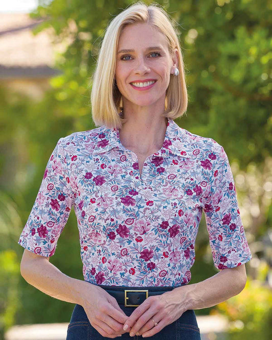 Enya Floral Cotton Short Sleeved Polo Top - Country Collection