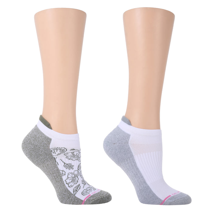 Ankle compression socks featuring a floral design on one side and a solid gray color on the other.