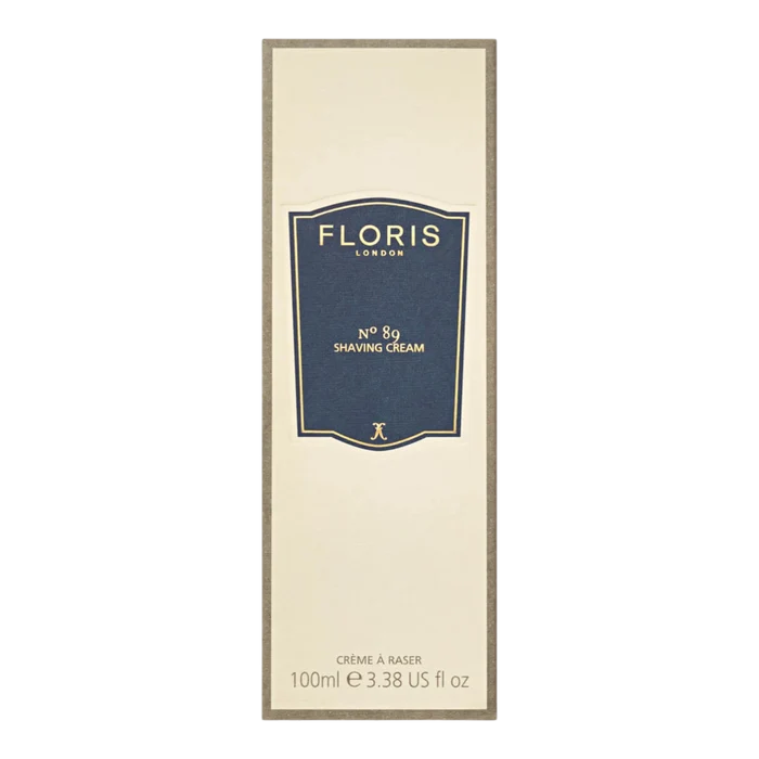 Floris London No. 89 barberkrem i eske med mørkeblå etikett og gyllen ramme