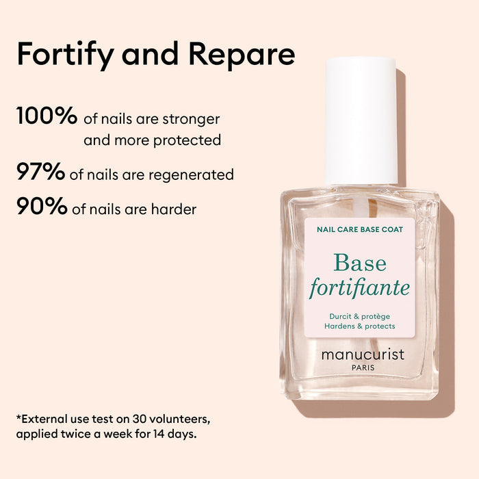 A clear bottle of Manucurist Force Nail Hardener appears on a beige background, featuring text that highlights stronger, protected, regenerated, and harder nails in 14 days.
