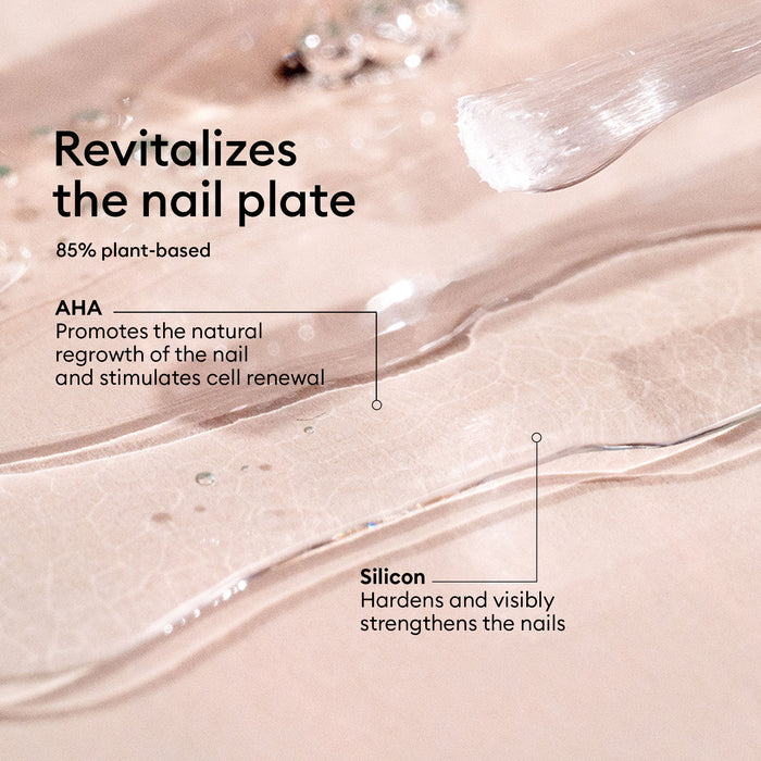 A close-up of Manucurist's Force Nail Hardener being applied, with text highlighting benefits: AHA promotes cell renewal and regrowth, while silicon hardens and strengthens nails.