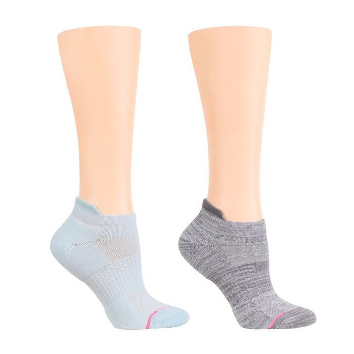 Two pairs of ankle compression socks in light blue and gray, displayed on mannequin legs.