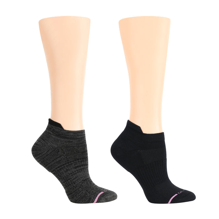 Two pairs of ankle compression socks in black and dark gray, displayed on mannequin legs.