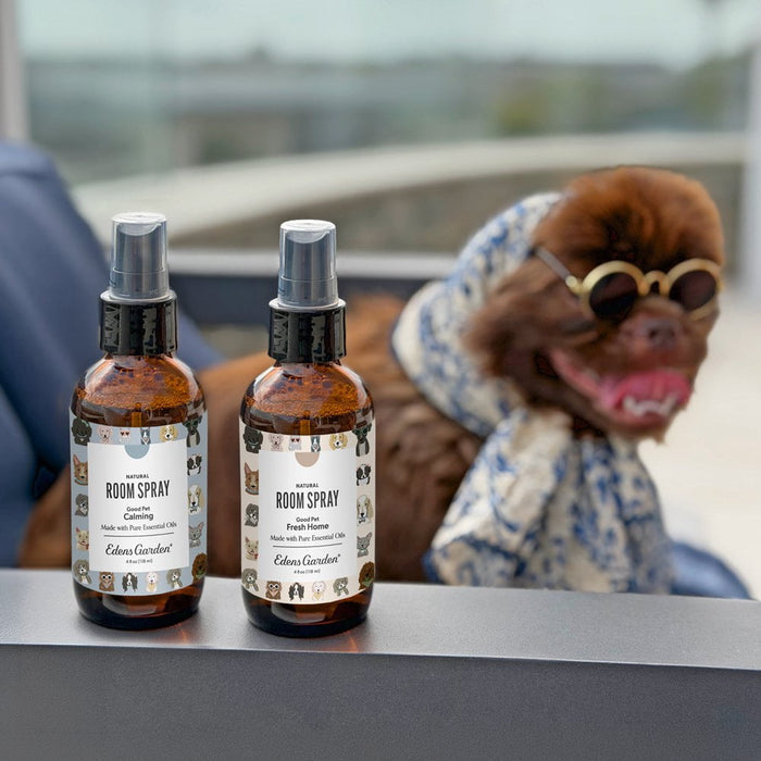 Good Pet Calming and Fresh Home Room Sprays with a dog in the background.