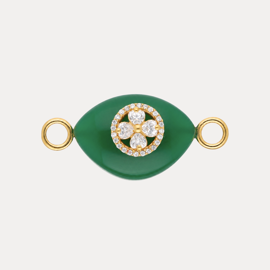 Green Onyx Clover Charm featuring a gold-plated frame and clear crystals, symbolizing abundance and elegance.