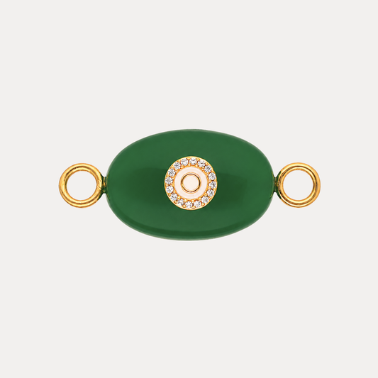 Green Onyx Eye Charm featuring a smooth emerald-toned agate and gold-plated evil eye medallion with crystal trim.