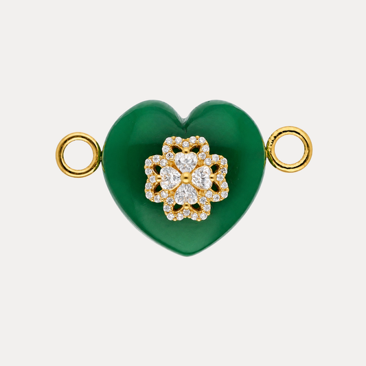 Green Onyx Heart Charm featuring a smooth green heart with a crystal flower emblem centered.