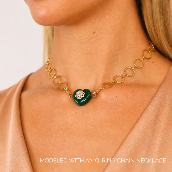 Green Onyx Heart Charm showcased on a model, featuring a gold O-ring chain necklace.