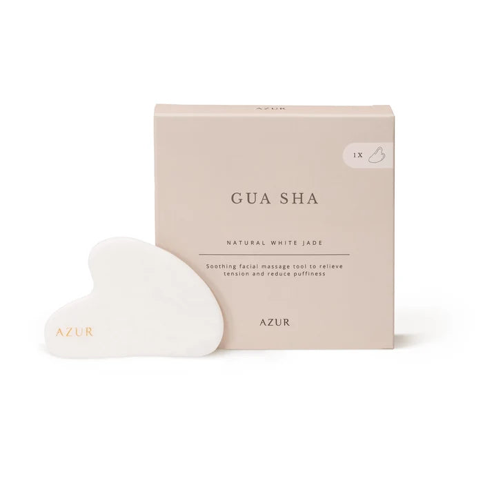 AZUR Gua Sha natural white jade tool and packaging on a white background