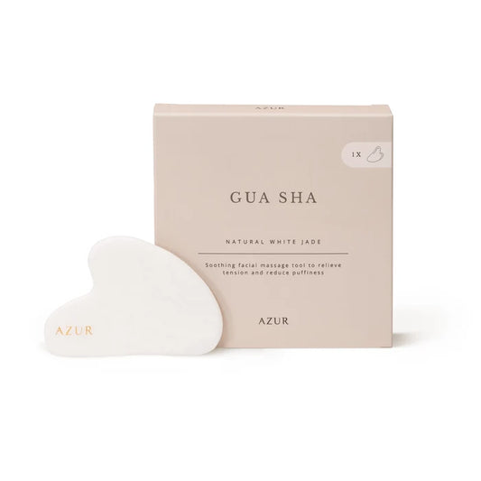 AZUR Gua Sha natural white jade tool and packaging on a white background