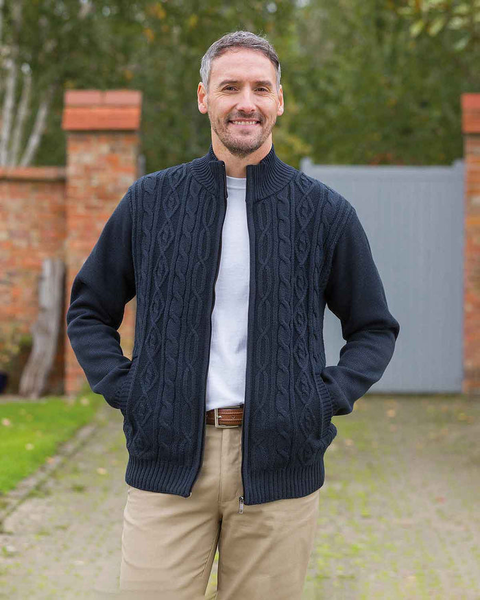 Hawley Cable Knit Fleece Lined Cardigan - Navy - Country Collection
