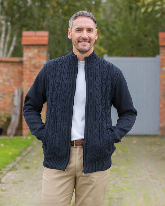 Hawley Cable Knit Fleece Lined Cardigan - Navy - Country Collection